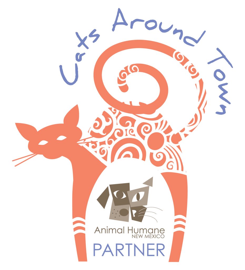 Stylized orange cat logo with "Cats Around Town" text and Animal Humane New Mexico partner