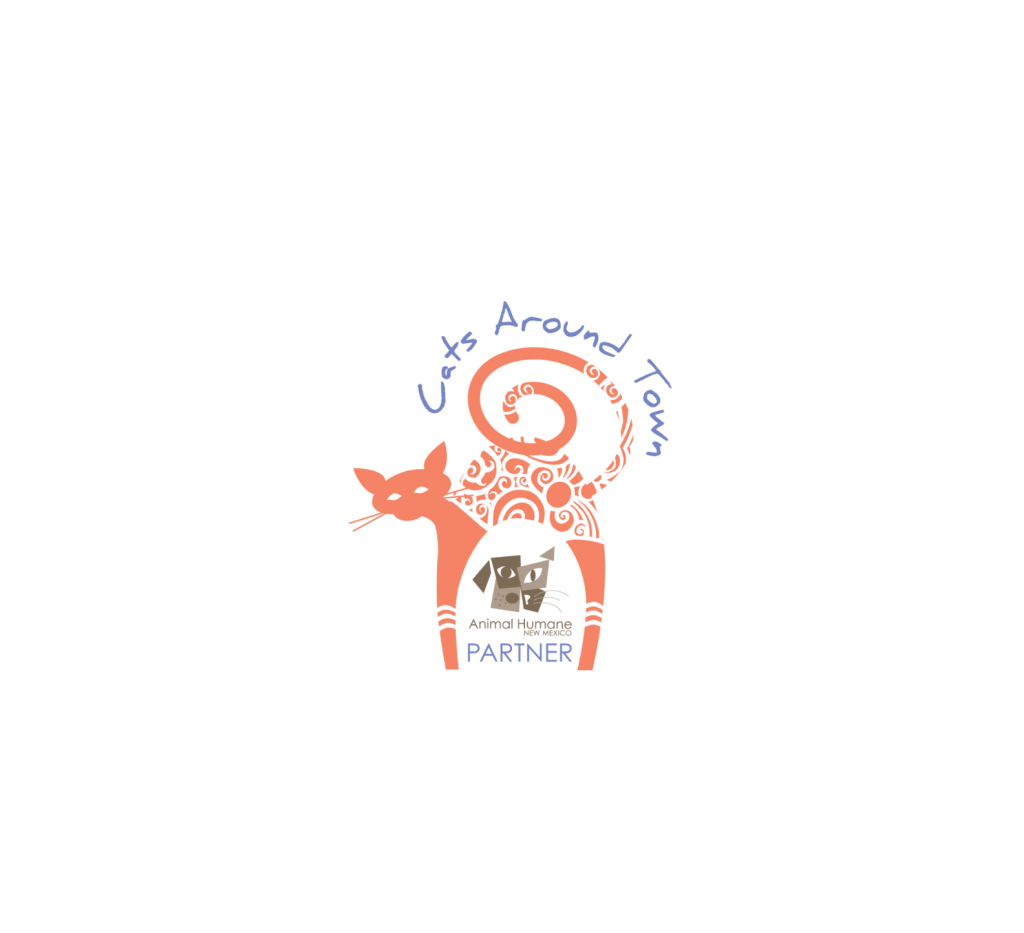 Stylized orange cat logo with "Cats Around Town" text, featuring Animal Humane New Mexico Partner branding.