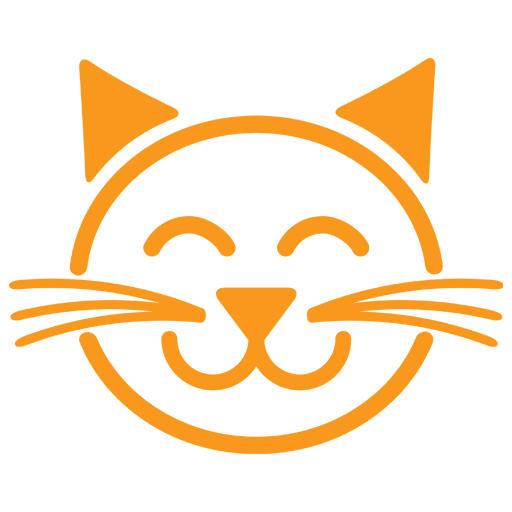 A cheerful orange cat face with a smiling expression and whiskers.
