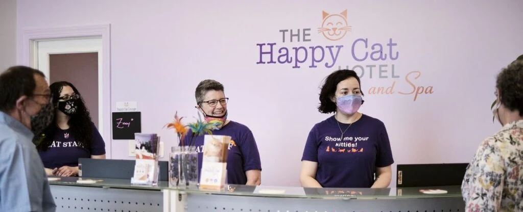 Two staff members wearing masks at a reception desk in a cat hotel, greeting a visitor.